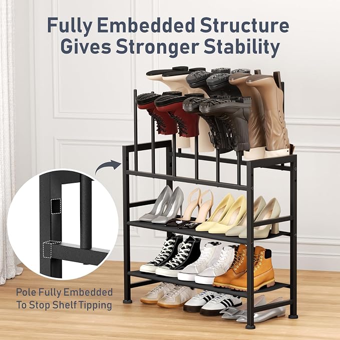 DIMJ Boot Rack 4-Tier - Black Metal Boot Storage Rack for Tall Boots Organizer Tall Boots, Multiuse Shoe Rack for Boots, Sneakers, High-Heel, Entryway, Fit for 6 Pairs, Black