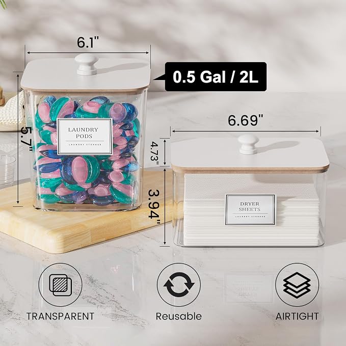HomePekite Laundry Pods Storage Container, Clear Laundry Room Organization and Storage,Detergent Powder Container,with Wooden Lids & Labels, 3+1 Pack（White）