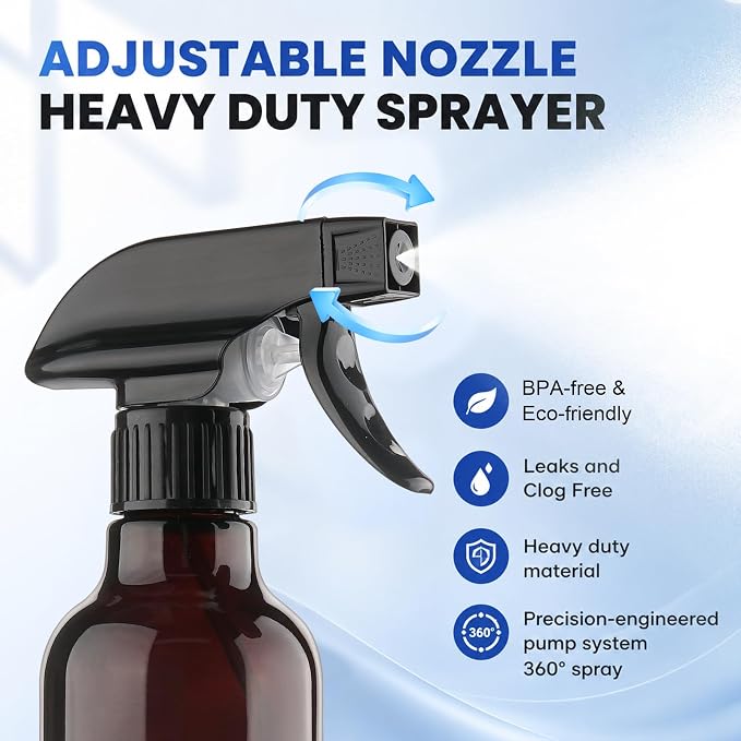 12oz Glass Spray Bottles 2 Pack, 360° Any-Angle Spraying | Refillable Leak-proof Bottles with Adjustable Nozzle; Ideal for Cleaning, Essential Oils, Plants & Hair Care