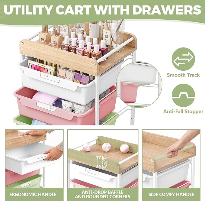 SYKIARIOL Rolling Cart with 6 Drawers, Utility Storage Cart with Labeling Ice Cream Color Drawer for Classroom, Kids Room, Dorm, School, Storage Study Arts Craft Sewing Supplies Organizers