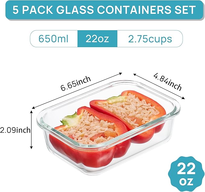 Vtopmart 5Pack 22oz Glass Storage Containers with Lids, Glass Meal Prep Food Container Sets with Snap Airtight Lid for Microwave, Oven, Freezer and Dishwasher, Grey