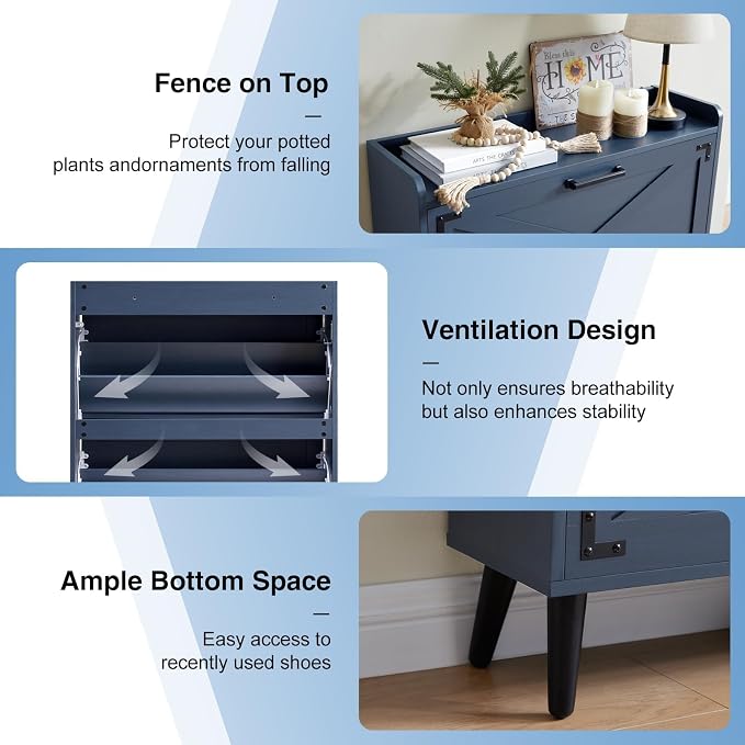 Barnyatoh Shoe Storage Cabinet,Farmhouse Shoe Organizer with 2 Flip Drawers & Barn Door Design,Freestanding Hidden Slim Narrow Shoe Rack Cabinet for Entryway,Foyer,Hallway,Navy Blue
