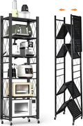 6-Tier Foldable Storage Shelves with Wheels, Folding Metal Shelf Unit, Folding Bookshelf no Assembly, Collapsible Shelves for Craft Shows for Kitchen, Bedroom, Living Room, Black