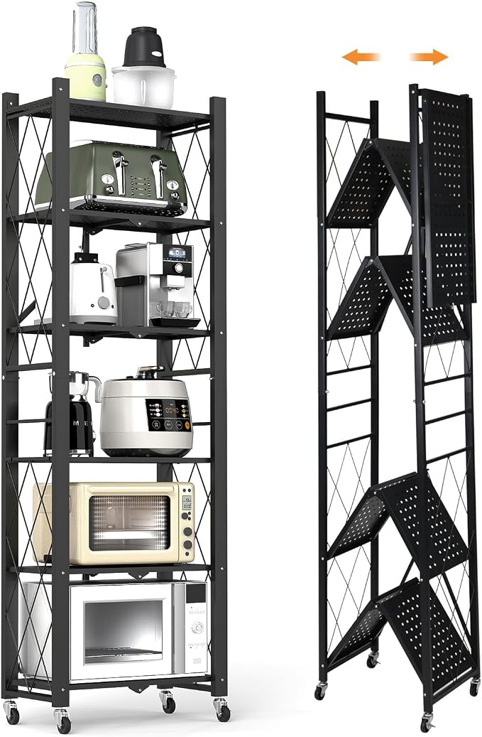 6-Tier Foldable Storage Shelves with Wheels, Folding Metal Shelf Unit, Folding Bookshelf no Assembly, Collapsible Shelves for Craft Shows for Kitchen, Bedroom, Living Room, Black