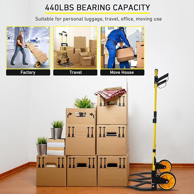 Folding Hand Truck and Dolly, 440lbs Capacity Portable Luggage Dolly Cart with Rubber Wheels and Retractable Handle, Aluminum Foldable Hand Cart for Transportation/Luggage/Mobile/Travel/Office Use