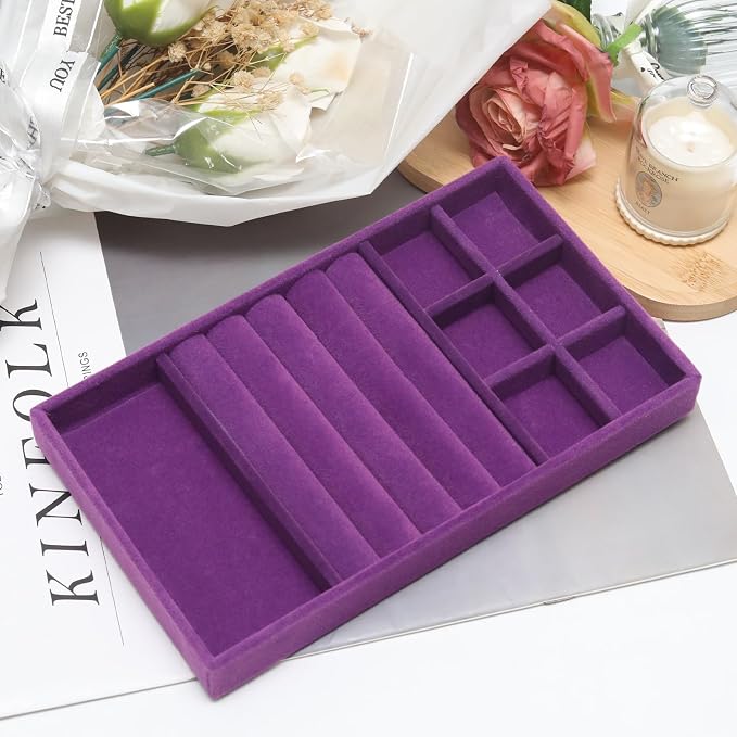 Velvet Jewelry Trays for Drawers, Purple Stackable Jewelry Drawer Organizer Inserts, Ring Earring Necklace Bracelet Holder Organizer Storage Display Tray with Removable Dividers, 3-in-1