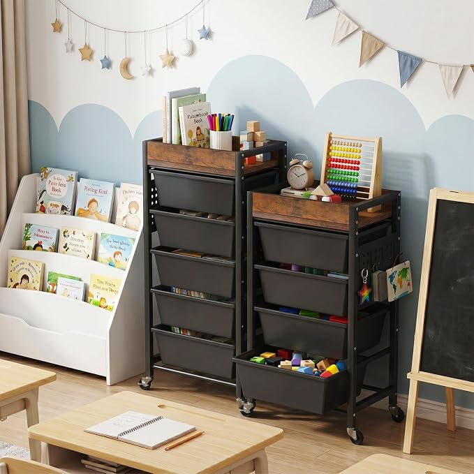 5 Tier Rolling Cart with Drawers, Plastic Drawer Storage Craft Cart with Pegboards & Hooks, Metal Utility Cart with Wheels & Wooden Tabletop, Classroom Office Art Supply Organizers and Storage, Black