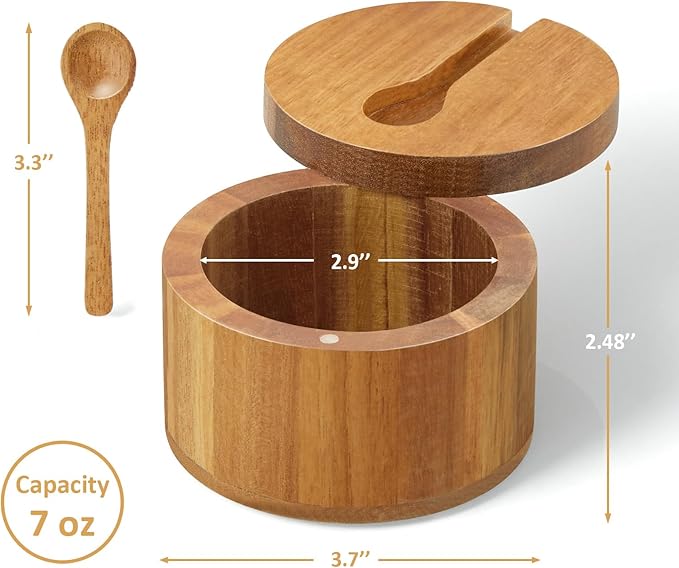 OUTNILI Salt Box Bowl with Lid and Spoon - Acacia Salt Cellar with 360° Swivel Lid - Salt Container Holder for Sea Salt Herbs or Favorite Seasonings, for Kitchen Decor and Accessories, 7 Ounces