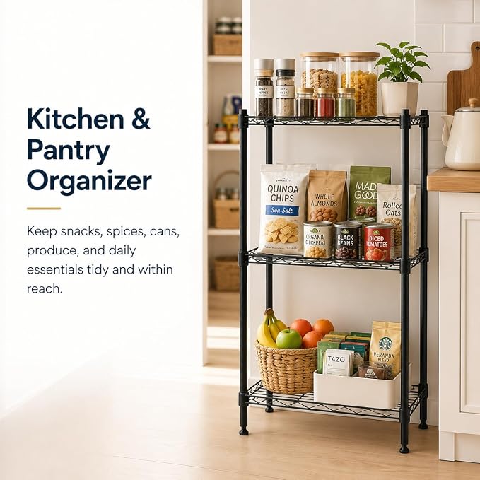 3 Tier Storage Shelves, Metal Wire Shelving Unit, Heavy Duty Adjustable Shelf Rack for Pantry, Kitchen, Garage and Laundry Room, Black