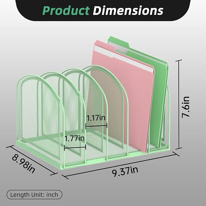 SUPEASY File Organizer for Desk, 5-Section Mesh Desk Organizer, Vertical File Holder Desktop Organizer File Sorter, File Folder Holder for Office Supplies, Mint Green
