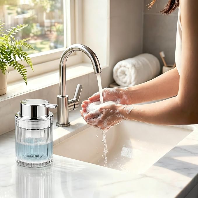 Foaming Hand Soap Dispenser, 8oz Refillable Clear Glass with Silver Pump, for Liquid Soap or Lotion, Vertical Ribbed Decor for Bathroom Vanity, Kitchen, Commercial Use - 2 Pack