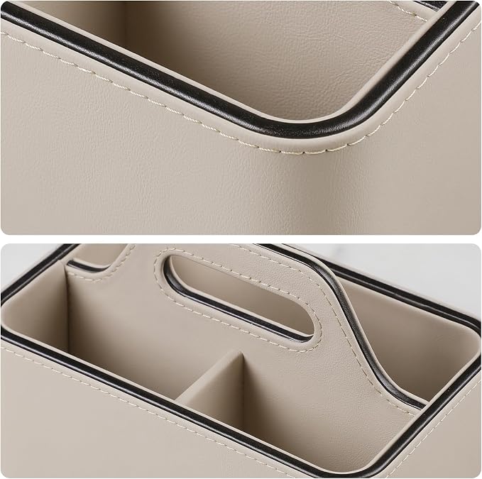 PU Leather Remote Control Holder, Desk Caddy Organizer with Handle Beige | 3 Compartments Portable Remote Organizer, Remote Caddy Bedside Holder for Office Storage Supply Organizer