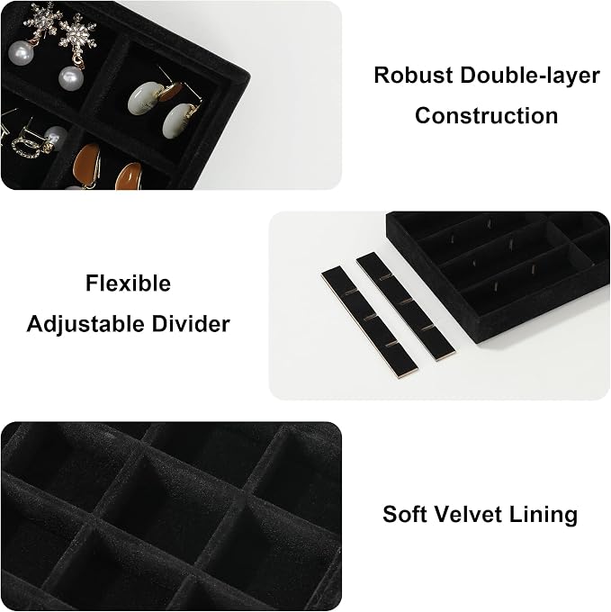 Frebeauty 24 Grid Earring Organizer,Velvet Jewelry Tray for Drawer | Adjustable Dividers,Stackable Design,Drawer Insert for Rings Studs,Vanity Organizer,for Women Girls