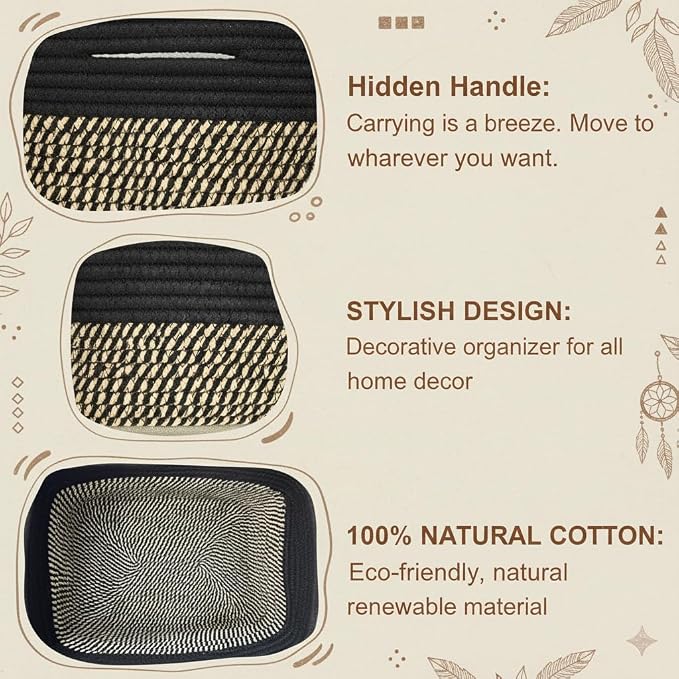 Shallow Basket, 15"x11"x5.1", Baskets for Organizing 2 Pack | Black Baskets for Organizing, Woven Storage Baskets for Shelves, Living Room, Nursery, Bathroom, Storage Basket Organizer