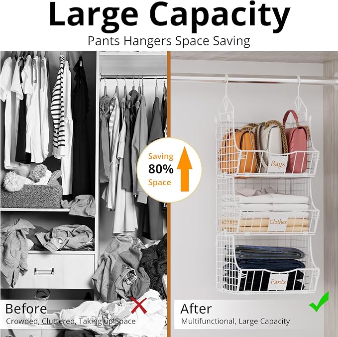 Hanging Closet Organizers and Storage, 2 Tier Closet Shelf Clothes Organizer with 2 S-Hooks, Multi-Functional Iron Wire Baskets, for Clothing, Sweaters, Handbags, Hat, Canned
