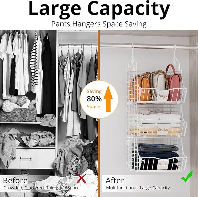 Hanging Closet Organizers and Storage, 5 Tier Closet Shelf Clothes Organizer with 2 S-Hooks, Multi-Functional Iron Wire Baskets, for Clothing, Sweaters, Handbags, Hat, Canned