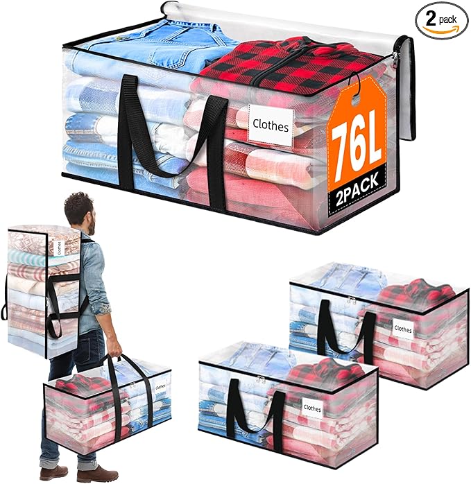 BlissTotes 2-Pack Large Moving Bags with Backpack Straps & Strong Zippers, Heavy-Duty Storage Bags Moving Boxes for Space Saving, Dorms, Transport, 76L-20 Gallons, Clear