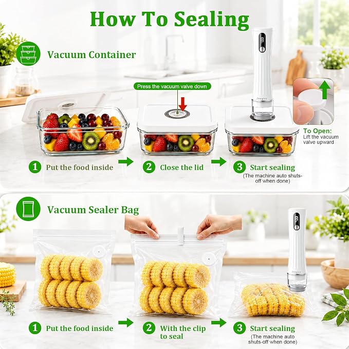 Compact Vacuum Sealer for Food, 80kPa Food Sealer with LED Display | 2000mAh Vacuum Sealer Machine+3Glass Containers+30 Bags, Handheld Vacuum Sealer,Cordless&Portable for Meal Prep, Food Storage