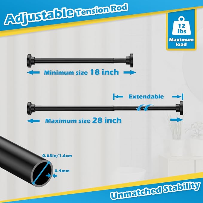 Spring Tension Curtain Rod 18 to 28 Inch Adjustable Small Tension Rod No Drilling Short Black Curtain Rod Expandable for Window, Cupboard, Closet, Wardrobe, DIY Projects