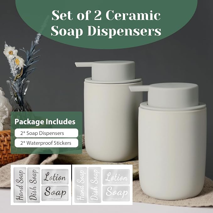 INGOFIN Ceramic Lotion Soap Dispenser Set, 2 Pack (12 oz) Bathroom Hand Soap Dispenser with Pump, Liquid Hand and Dish Soap Dispenser Set, 8 Pcs Clear Stickers,for Kitchen, Bathroom- Grey