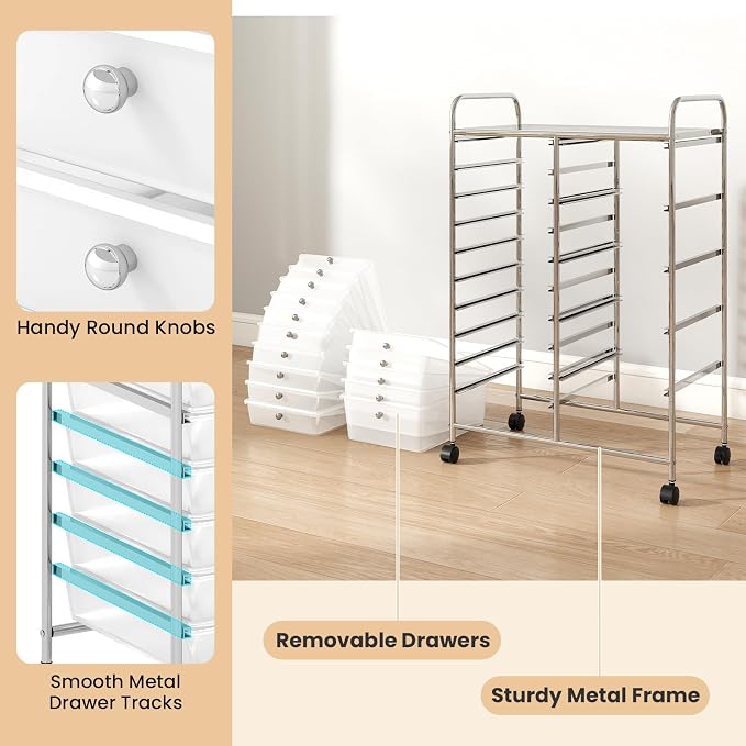 DREAMADE 15-Drawer Rolling Storage Cart, Mobile Craft Cart, Clear | Utility Organizer with Lockable Wheels, Removable Plastic Drawers and Metal Frame for Home Office, Classroom and Studio
