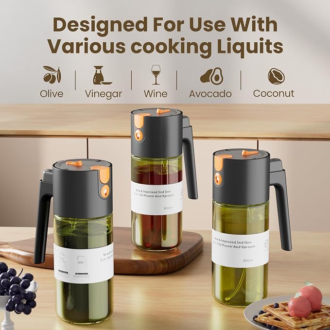 LAKUMIQI 2 in 1 Oil Sprayer & Dispenser, 17 oz Light-Blocking Glass Bottle | Large Capacity, Wide-Mouth for Easy Pouring and Cleaning, Leak-Proof Oil Bottle with Stickers for Salads, Air Fryers, BBQ
