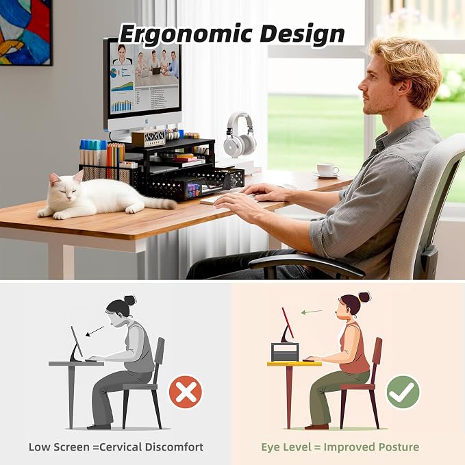 Simple Trending 2-Tier Monitor Stand Riser, Drawer & 2 Pen Holders, Black | Sturdy Material