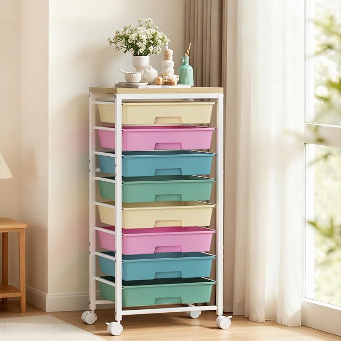 Rolling Cart with 8 Drawers, Plastic Drawer Storage Carts with Wheels & Wooden Tabletop, Metal Utility Cart Organizer for Bedroom Living Room Office Classroom Craft Organization and Storage, Colorful