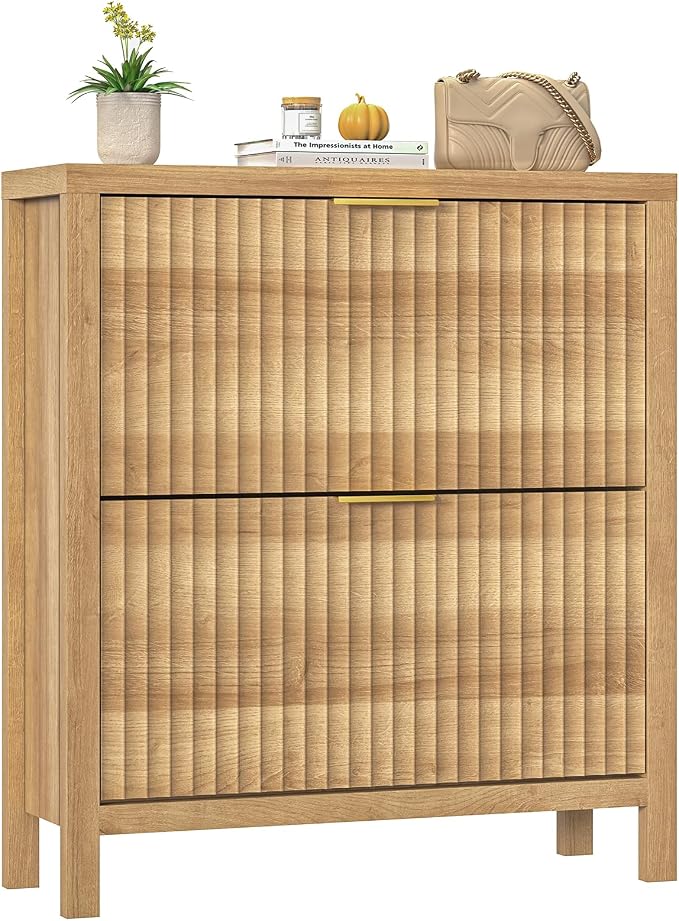 YOMILUVE Shoe Cabinet Storage for Entryway, Fluted Shoe Cabinet with 2 Flip Drawers, Hidden Shoe Rack Tall Freestanding Shoe Organizer with Legs for Hallway, Oak