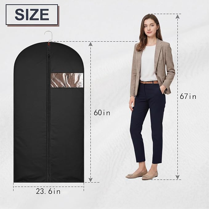 60Inch Garment Bags Covers,Black Hanging Clothes Bag, Suit Cover Bags with Clear Window for Hanging Closet Clothes Storage and Travel (1, Black, 60 inch)