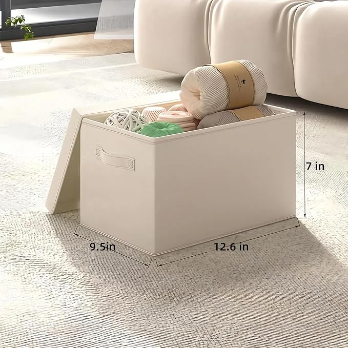 Small Fabric Storage Bins with Lids 12.6*9.5*7 in, 2-Pack Storage Baskets for Closet, Large Linen Organizers and Storage Bins for Bedroom, Collapsible Baskets and Bins with Handles, Off White