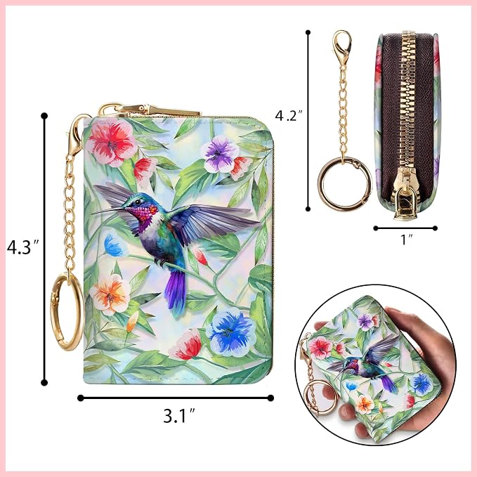Blusabaca RFID Credit Card Holder Small Women Travel Wallet, Bird | Removable Keychain, Case with Zipper, Vegan PU Leather, Cash Coin Pocket, Business Accordion Purse, Ladies Female Gift