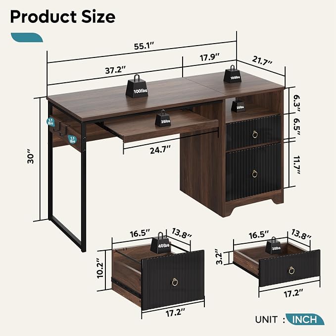 Bestier 55 Inch Wood Computer Desk with File Drawer & Keyboard Tray, Cherry | Fluted Panels, Ring Handles, File Drawer Letter/Legal, Storage Drawer, Keyboard Tray, Reversible, 2 Hooks, 150 Lbs, P2 Board