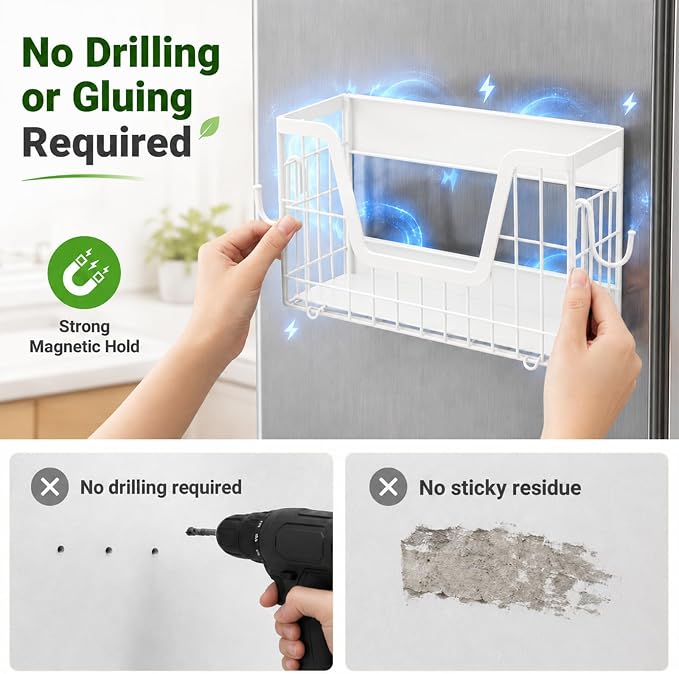 UFORU 2 Set Magnetic Shelf for Fridge, Magnetic Fruit Basket for Refrigerator, Potato Onion Storage Bins with Strong Magnets, Fridge Magnetic Spice Rack for Pantry Kitchen Counter Laundry Room, White