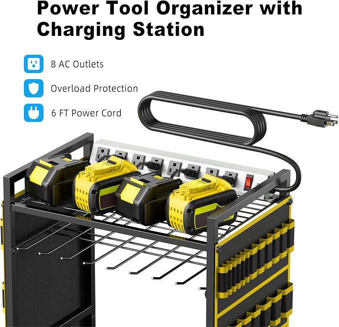 JUNNUJ Large Power Tool Organizer Cart with Charging Station, Garage Floor Standing Rolling Drill and Tools Battery Storage Cart on Wheels, Heavy Duty Rack with 8 Outlet 10 FT Power Strip, Yellow