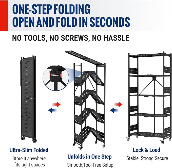 WORKPRO 5-Tier Folding Shelf, No-Assembly Metal Storage Rack with Wheels, 750 lbs Capacity (with Leveling Feet), Collapsible Shelving Unit for Kitchen, Pantry, Bathroom & Closet Organization