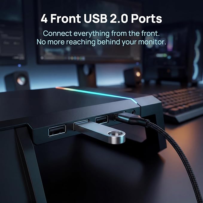 Monitor Stand Riser for Desk, Foldable Computer Monitor & Laptop Stand with Drawer, 4 USB 2.0 Ports, RGB Lighting, Phone & Tablet Holder, 72 lb Capacity (Black)
