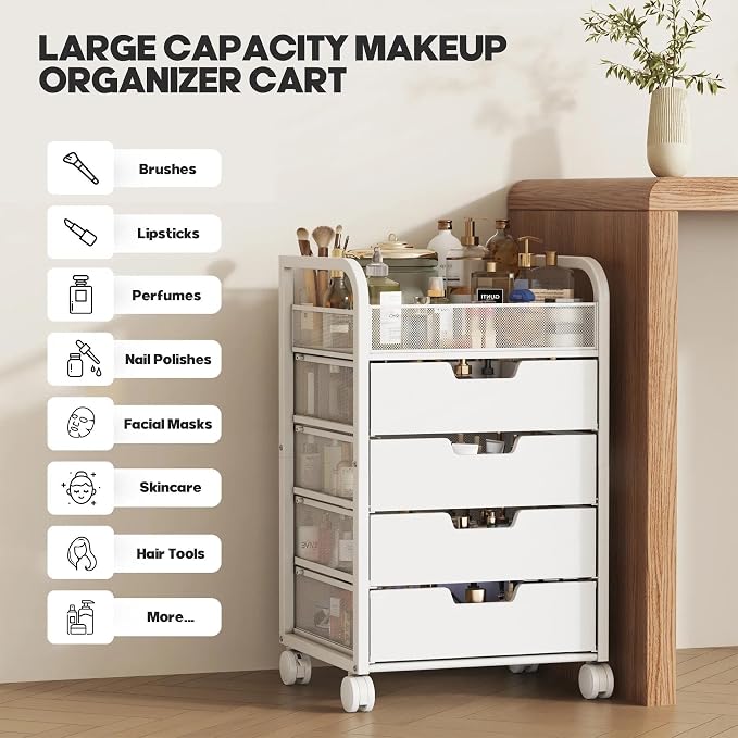 Makeup Organizer Cart with 4 Drawers, Vanity Storage Drawer Carts with Dividers, Nail Cart Organizer Cosmetic Display Cases Cabinet for Skin Care, Nail Polish, Perfume, White