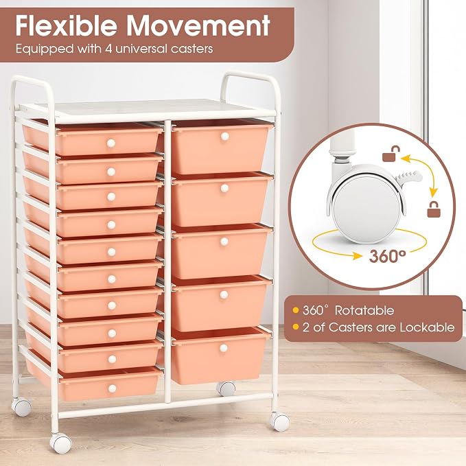 Moccha 15-Drawer Rolling Storage Cart - Under Desk Storage Drawers with wheels for Craft Art Supply Paper Salon, Scrapbook Paper Tools, Mobile Utility Cart for Classroom (15 Drawers, Peach)