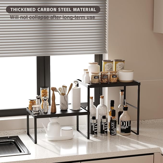 Spicy Shelf Stackable Kitchen Countertop Organizer Heavy Duty Kitchen Counter Shelf Metal Spice Rack for Countertop (2 Pack, Black)