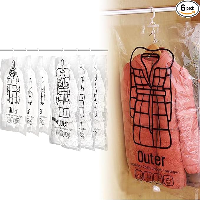 6PCS Hanging Vacuum Storage Bags Reusable Space Saver Clothes Vacuum Sealer Bags 26x35"＆26x39" Moisture-Proof Cloth Storage for Dress, Winter Coats