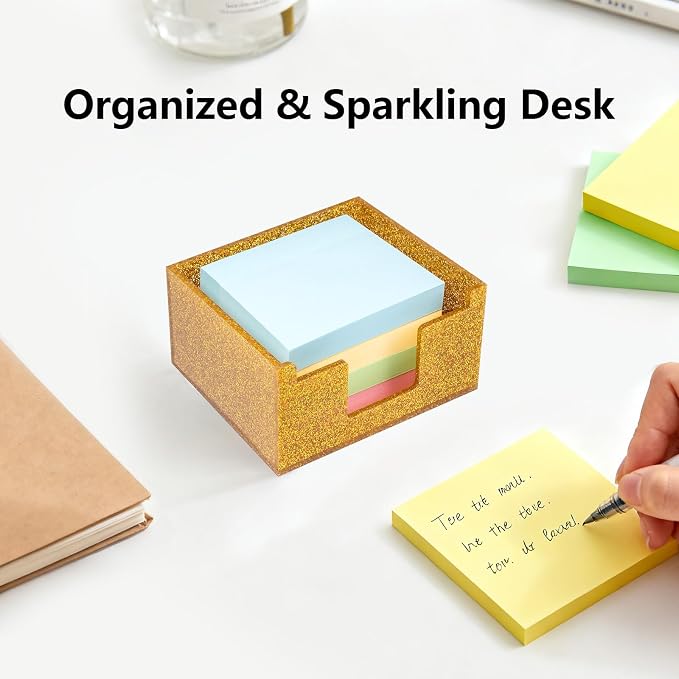 Acrylic Sticky Note Holder 4x4in Tray for Desk, Gold Glitter | Sparkling glitter acrylic tray, fits 3x3 sticky notes, compact organizer for office school and home