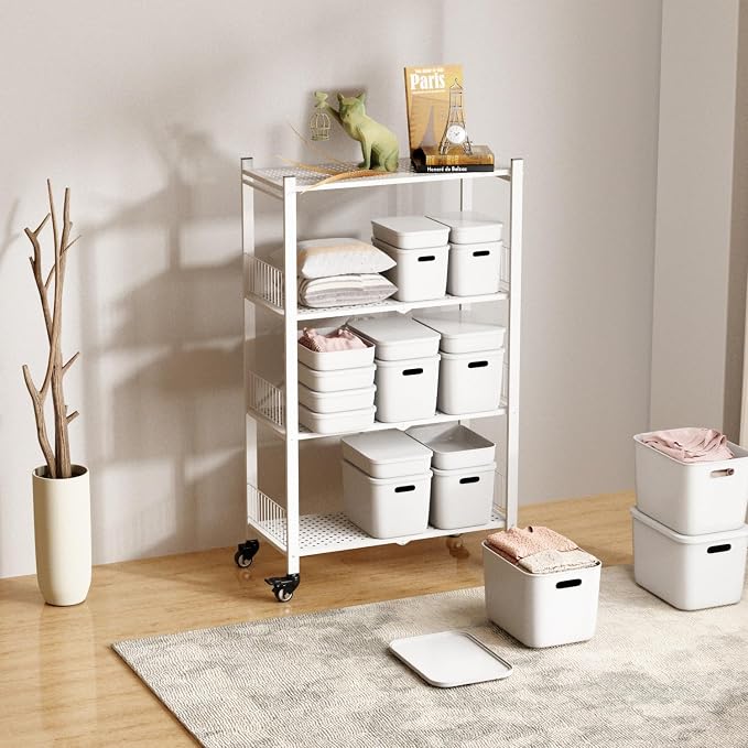Folding Storage Shelves No Assembly, 4 Tier Foldable Storage Shelves with Wheels, Rolling Collapsible Rack for Pantry Laundry Room Kitchen, White