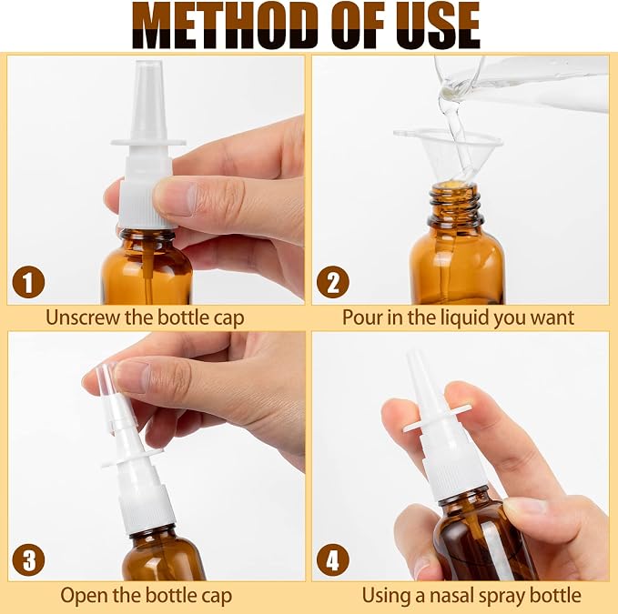 40 Pcs Nasal Spray Bottle Empty, Brown Glass Refillable Fine Mist Nasal Spray Bottles with 8 Funnels and 8 Labels (30ML/1oz)
