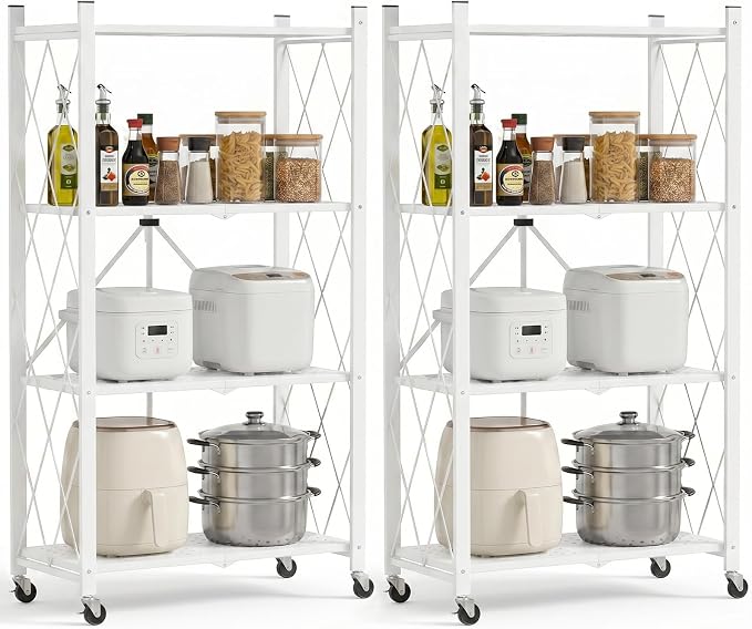 ALANNG 4 Tier Folding Storage Shelf on Wheels,Heavy Duty Metal Rolling Cart | 264 lbs Capacity, No Tools Assembly, Folds to 3.9", Lockable Casters, Portable for Kitchen Laundry Garage
