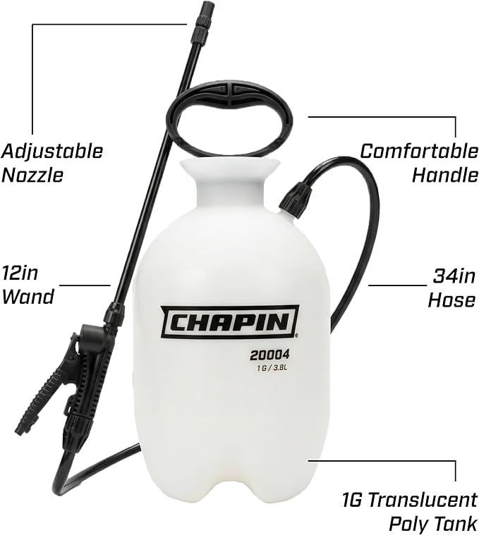 Chapin 1-Gallon Pump Sprayer, Easy Use for Home & Garden | Durable lightweight tank; ideal for weed control, plant care and cleaning with adjustable nozzle, long hose and easy pump