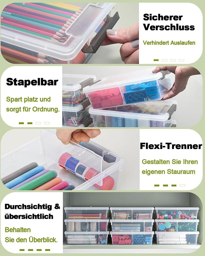12 Pack Extra Large Pencil Box with Removable Divider, Thickened Pencil Case Bulk, Clear Crayon Marker Organizer Stackable Plastic Small Storage Containers for Pen Craft School Supplies, Multi