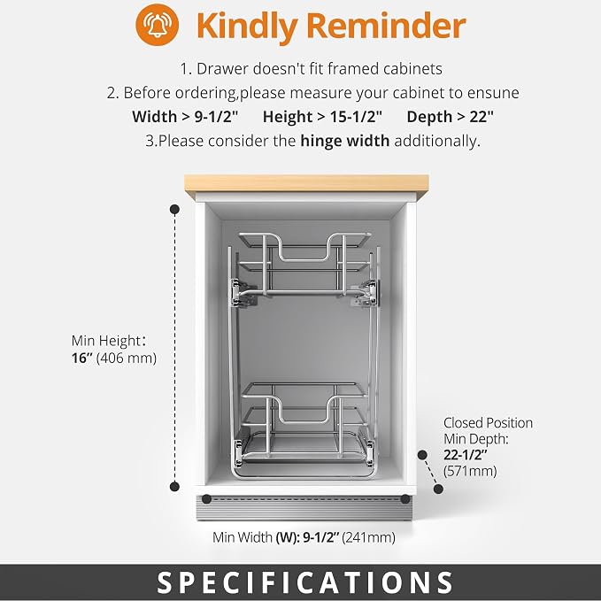 ZOINLIY Pull Out Cabinet Organizer, Versatile Slide Out Kitchen Organizers and Storage,Heavy Duty Drawer Cupboard Storage Basket, Smooth Sliding, Chrome Finish (2-Tiers-9¼''W×22“D)