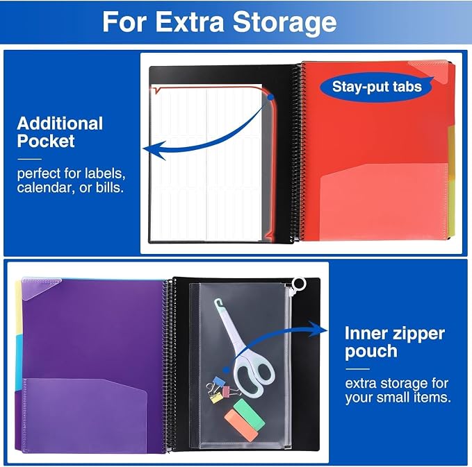 Forvencer 24 Pocket Project Organizer, 1/3-cut Tab Binder Organizer with Sticky Labels, Multi Pocket Folder with Zipper Pouch, Folder Binder Spiral Pocket Notebook, Office Supplies, Letter Size, Green