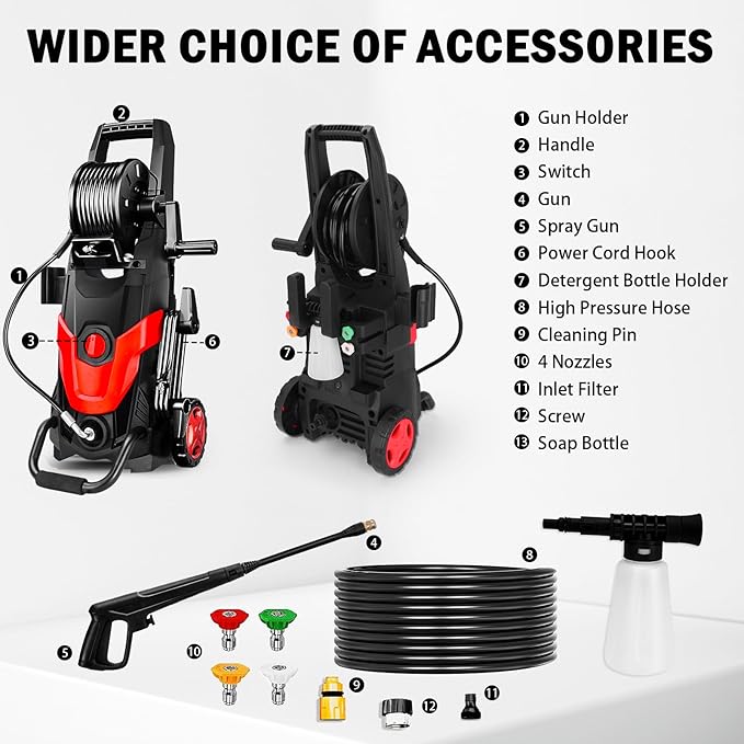 High Pressure Power Washer with 4 Quick Connect Nozzles （Portable Cleaning Machine）（Foam Cannon - Filter - Inlet Hose）（Cars/Fences/Driveways/Home/Patios）